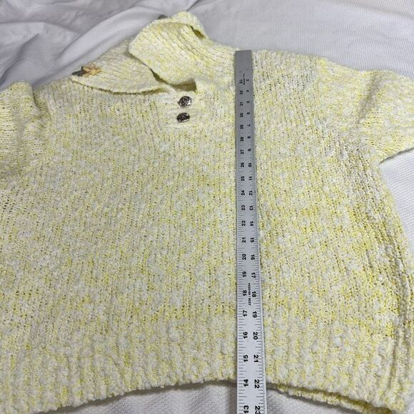 90’s Yellow Marled Knit‎ Collared Floral Appliqué Details Women’s Short Skeeve - Picture 3 of 5